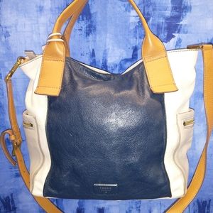 Fossil Navy Cream Taupe Leather Emerson Satchel Crossbody Bag